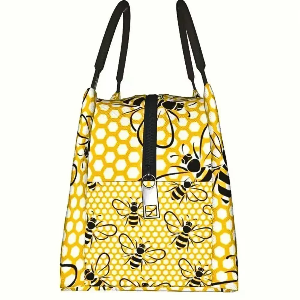 Bee Theme Honeycomb Pattern Insulated Lunch Bag - Reusable Cooler Tote